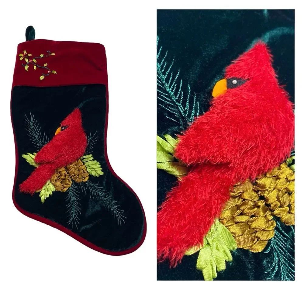 Santa’s Best 3D Red Cardinal on Branch Embroidered Velvet Christmas Stocking